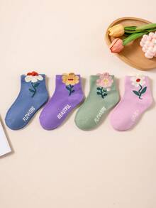 4 Pairs Girls/Kids Spring/Summer Solid Color Mid-Calf Socks, Cute Floral Decor, Fashion Minimalist, Soft Breathable Comfortable Durable Versatile School Socks, Suitable For Birthday Party, School Performance, Outdoor, Back To School - Multicolor - View 8