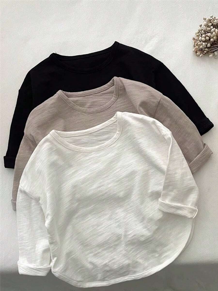 3pcs Kids Lightweight Long Sleeve Solid Color Bamboo Knit T-Shirts, Loose Fit Casual Tops For Boys & Girls - Black - View 1