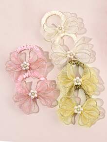 6pcs Tulle Pearl Hair Ties, Beige Pink Gold Hair Bands, Flower Elastic Hairbands, Cute Hair Accessories For Girls Gifts Valentine's Day Spring Summer - Multicolor - View 2