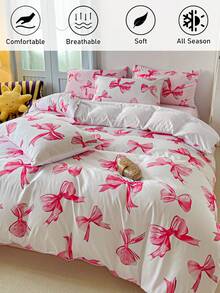 2/3pcs Pink Bow Printed Polyester Duvet Cover Set, Cute Bedroom Bedding Set For All Seasons, Zipper Closure, Machine Washable (1 Duvet Cover + 1/2 Pillow Shams)