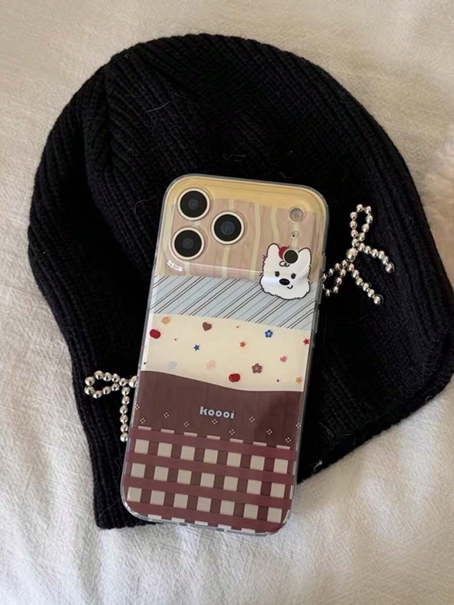 1 Pc Qiu Dong Ins Cute Young Girl Heart West Highland Dogs Following From Brown Stitching Grid, Lovely Advanced Sense Of Fashion And Personalized From The Silicone Protective Shell, Compatible With IPhone17 Compatible With IPhone17promax/Compatible With IPhone16 Pro Max/Compatible With IPhone15 Pro/Compatible With IPhone14 Compatible With IPhone13/12/11, Suitable For Family/Friends/Sister/Girlfriend On Valentine's Day Gift/Birthday Gift/Mother's Day Gift - Brown - View 1