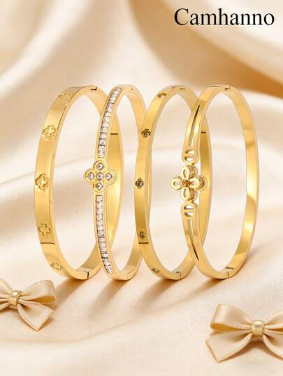 Camhanno 4/1pc Stylish & Delicate Stainless Steel Bracelet - Adorned With Chic Patterned Elements, It Suits Daily Commute To Blend Into Everyday Life With Understated Style, Adding A Subtle Fashion Element To Casual Or Office Looks; Stands Out At Party Gatherings