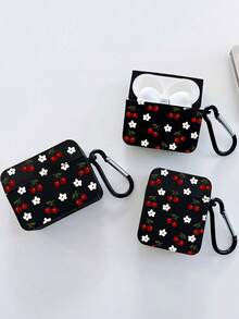 Vintage Red Cherry & White Floral Pattern Black Square Matte Apple Bluetooth Earphone Protective Case, Comes With 1 Black Carabiner For Easy Carrying, Precise Cutouts For Charging And Access, Suitable For Commuting, Campus And As A Small Gift For Girlfriend/Best Friend - Black - View 3