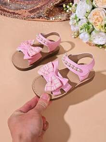 "Girls' Sparkly Bow & Pearl Sandals – Adjustable Hook And Loop Strap, Soft Padded Footbed, Glitter Accents, Stylish Summer Party Kids Footwear" - Pink - View 6