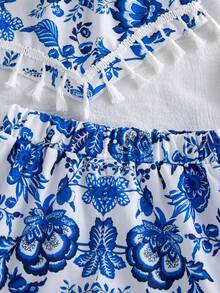 Set de 2 bucăți de vară, top camisol cu imprimeu floral retro vintage și decor cu ciucuri + set de pantaloni scurți casual cu imprimeu floral retro vintage, pentru fete tinere - Albastru regal - Vizualizare 5