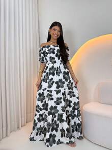 Long -Style Dress With Printed Sleeves - Black Flowers - View 2