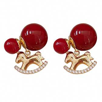 FANYINAN 一对红色圆形锆石几何耳钉，复古马形吊坠耳环，百搭优雅耳环，女士奢华高端耳环，适合日常及节日佩戴
