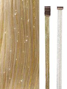 6 pièces Ensemble de cheveux pailletés dorés, 22 pouces/56 cm Cheveux synthétiques longs et droits à la mode avec pinces, accessoires de cheveux résistants à la chaleur - Doré - Voir 9