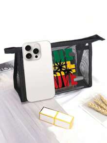 大容量网袋套装，热带棕榈树和“One Love”字母图案印花网袋，镂空网袋沙滩包手提袋，洗漱包，化妆包，网袋化妆品收纳袋，可折叠大容量防水防沙游泳沙滩包，网袋沙滩手提袋 - 彩色 - 查看 12