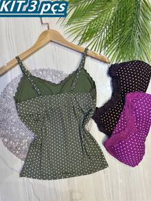 Set Of 3 Polka Dot Tank Tops With Built-In Bra Cups, Made Of Pretty Viscose/Lycra Fabric. - Army Green + Brown + Purple - View 2
