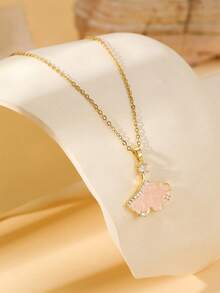 Teenage Pink Crystal Sweet Element Necklace, Moon Butterfly Ginkgo Pendant, Gold Semi-Precious Stone Delicate Choker Necklace, Daily Sweet Style Accessory - Gold - View 13