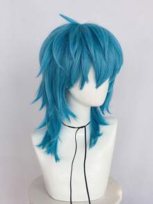 Heat Resistant Synthetic Medium Length Layered Straight Blue Anime Cosplay Wig With Bangs For Men Women Daily Party Holiday Christmas Comic Con Game Exhibition Use, Natural Looking, Beginner Friendly, Ideal Choice For Gifts - Multicolor - View 5