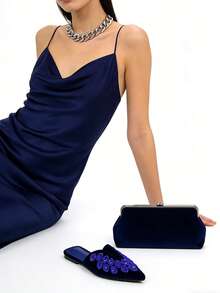Women's Luxurious Fully Rhinestone & Gemstone Decorated Navy Blue Velvet Pointed Toe U-Shaped Vamp Comfortable Flat Mule Shoes, Suitable For Daily Wear And Parties,Mothers Day Gift - Royal Blue - View 6