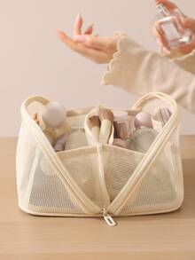 1个格子网眼旅行洗漱包，复古清新风格，高品质多功能透明网眼收纳袋，可爱钱包式整理包，便携式化妆包，带拉链的纸巾盒，女性卫生用品收纳包，多隔层可收纳口红、迷你化妆刷、护肤品等 - 彩色 - 查看 4