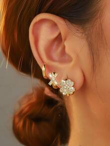 6pcs Luxury Copper Inlaid Zirconia Clover & Geometric Hollow Earring Set, 18K Gold Plated Shiny Geometric Earrings For Women, Party Gift - Gold - View 6