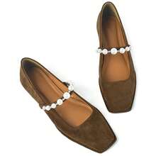 Flats For Women, Mary Jane Ballet Flats With Pearl Strap Square Toe Ballerina Walking Wedding Bride Party Dress Shoes - 深棕色 - 查看 5