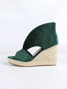 Giày cao gót đế xuồng màu xanh ô liu dành cho nữ; Giày sandal đế xuồng hở mũi kiểu espadrille dành cho nữ. - Màu xanh lá cây đậm - Xem 6