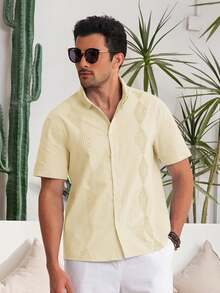 Runcati Men's Cuban Guayabera Shirt Linen Cotton Short Sleeve Mexican Beach Wedding Shirt, Elegant Resort Button Down Top Lightweight Breathable For Summer - 卡其色 - 查看 2