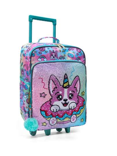 BLING BABIES Children's Suitcase, With Wheels, Sequin Material, Double Green Cute Puppy Pattern, With Glow-In-The-Dark Function, Elementary School Carry-On Suitcase, Suitable For Weekend Vacation, Travel