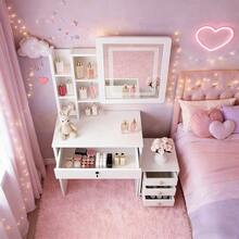 Makeup Vanity Desk With Mirror And Lights, Vanity Table With LED Lighted Mirror & Nightstand, Dressing Table, Large Storage Drawer & Cabinet For Bedroom - 白色 - 查看 3
