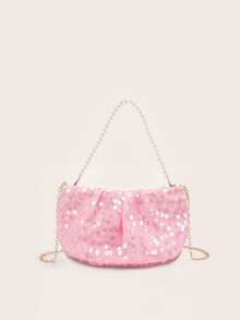 1pc Girls' Personalized Pleated Sequin Shiny Chain Crossbody Bag, Fashion Versatile Pearl Handbag, Eid Gift, Eid Mubarak - Pink - View 7