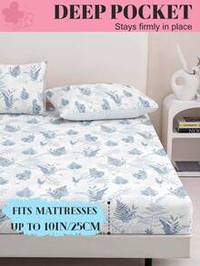 1pc Printed Fitted Sheet (Pillowcase Not Included), Blue Leaf PatternSkin-Friendly Mattress Cover, Pattern Printed Mattress Protector, Comfortable And Soft, Breathable And Warm, Multi-Size, Suitable For Full/Twin/Double/Queen/King Bed, Machine Washable, Home Decoration, Room Decor, Bedroom Decor, Oeko-Tex Certified - Multicolor - View 4
