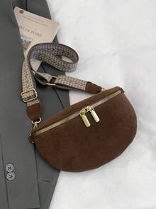 Bolso de cintura de ante sintético de invierno, bolso de pecho de moda para mujer, bolso de correa simple, bolso de cintura de diseñador, bolso bandolera cruzado femenino - Marrón - Ver 5