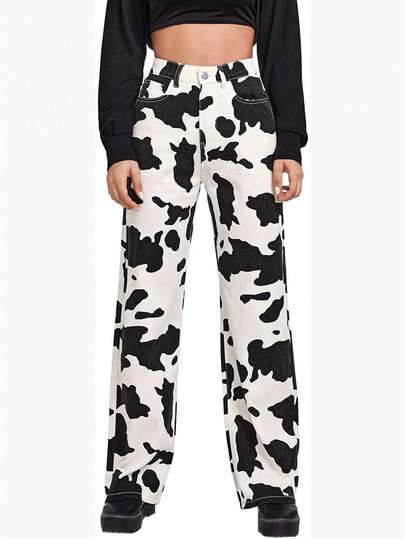 Womens Korean Wide Leg Jeans Fashion Cow Pattern Printing High-Waist Denim Pants With Pocket