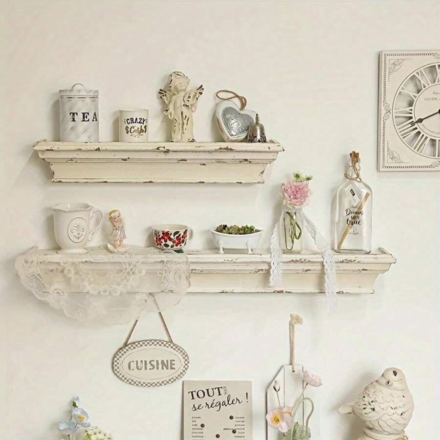 Vintage Wall Shelf, French Style Wall Mounted Floating Shelf, Home Decor White Wall Storage Rack - Distressed Color - View 1