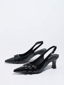 Solid Color PU Leather Buckle High Heel Shoes, Cargo Style Style, Spring/Summer - Black - View 6