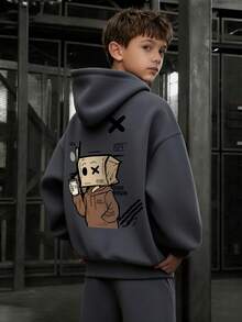 1件装男童休闲印花套头卫衣，保暖内衬，长袖，秋冬季 - 深灰色 - 查看 7