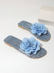 Women's Summer New Blue Denim Applique Fashion Slippers Flat Round Toe Open Toe Sandals, Versatile Ladies Spring/Summer New Casual Shoes - Baby Blue - View 7