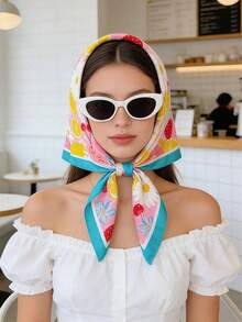 1条70厘米女士缎面多功能配饰，热带柠檬水果印花，适合日常佩戴，四季皆宜，丝巾/手帕 - 藍色邊檸檬款 - 查看 6