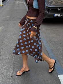 Falda midi de lunares caqui para mujer, falda de gasa con dobladillo irregular, estilo bohemio Y2K, para salir, tiro bajo, semitransparente, corte A, largo midi, atuendos para vacaciones de verano, atuendos para rave, ideal para citas, brunch diario, conciertos, fiestas y clubes. - Caqui - Ver 4