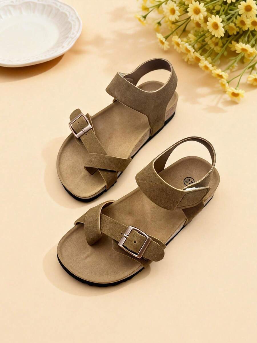 1双女童卡其色磨砂交叉绑带露趾凉鞋，平底，舒适透气，简约休闲夏季日常鞋 - 鏽棕色 - 查看 1