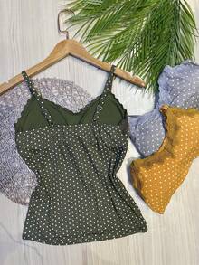 Set Of 3 Polka Dot Tank Tops With Built-In Bra Cups, Made Of Pretty Viscose/Lycra Fabric. - Army Green + Gray + Mustard - View 2