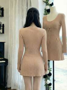 [Y6Y] 女士V领长袖针织连衣裙，系带修身款，适合春季穿着 - 淺咖色 - 查看 2
