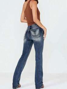 Women's Jeans Feather Flower Embroidery Mid Rise Stretchy Bootcut Slim Wide Leg Pants - Màu xanh lam - Xem 1