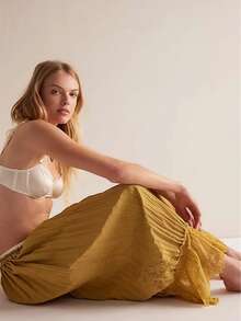 Women Lace Trim Long Bloomers Elastic Mid Rise Ruffle Pantaloons Cropped Flared Slips Pants Loungewear Summer Pettipants Capri Bottoms - 黃色 - 查看 4