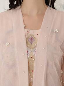 2026 New Style Elegant Embroidered Beaded Arabic Women's Dress, Jalabia Dress With Square Neck, Long Sleeve, Pink Outerwear, Fashion Fresh Ladylike - Pink - View 3