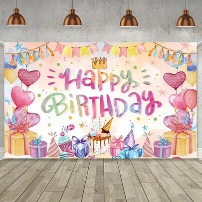 180cm X 110cm / 70.8in X 43.3in, Birthday Theme Party Decoration, Cartoon Watercolor Effect Happy Birthday Background, Party Banner Photo Booth Props