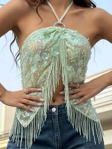 1件Y2K街头风仙女绿流苏吊带背心，不对称露脐亮片背心，浅绿色花卉亮片露背吊带背心，适合夏季海滩穿着 - 綠色 - 查看 4