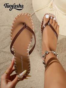 新款时尚人字拖，露趾平底凉鞋，舒适防滑，百搭易清洁，适合海滩和日常穿着 - 棕色 - 查看 1