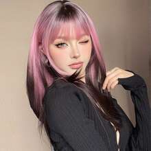 [Popular Choice] 20-Inch Long Straight Pink Gradient Black Wig With Bangs, Synthetic Women's Hair For Daily Use, Parties, Cosplay, Music Festivals, Halloween, And Christmas - Ombre - View 3