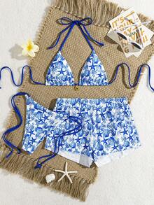 wohenmeili Bộ bikini gợi cảm buộc dây cổ, in hình sao biển và vỏ sò, dành cho nữ, thích hợp mặc đi biển mùa hè, kèm quần short. - Hoa màu xanh trên nền trắng - Xem 1