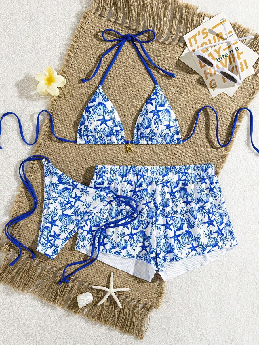 wohenmeili Bộ bikini gợi cảm buộc dây cổ, in hình sao biển và vỏ sò, dành cho nữ, thích hợp mặc đi biển mùa hè, kèm quần short. - Hoa màu xanh trên nền trắng - Xem 1