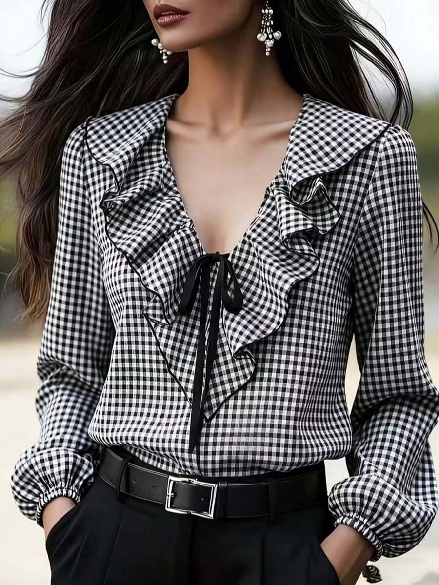 Women's Elegant V-Neck Vintage Plaid Color Block Bow Lantern Sleeve Loose Blouse, Summer Spring - Black and White - View 1