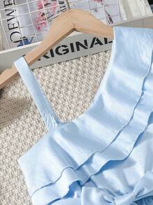 1件女童休闲甜美浅蓝色荷叶边单肩A字连衣裙，腰部系带，配有同色腰带，适合夏季穿着 - 淺藍色 - 查看 3