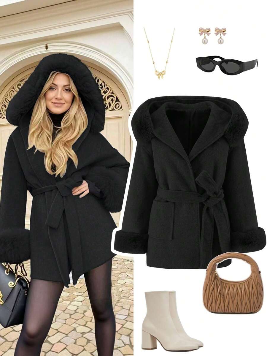 Höst/vinter Dam Ny elegant jacka med knytning i midjan och fuskpälsärmar, chic och raffinerad, smal passform i ullliknande tyg, kimono-stil och knytbälte Överkappning Höst/vinter Dam Ny elegant jacka med knytning i midjan och fuskpälsärmar, chic och raffinerad, smal passform i ullliknande tyg, kimono-stil och knytbälte Överkappning Varm jacka i fuskulltyg, stor pälskrage med huva, nedsänkta axlar, långärmad, knytning i midjan, fuskpälsmanschetter, elegant stil Lämplig för höst/vinter - Svart - Visa 1