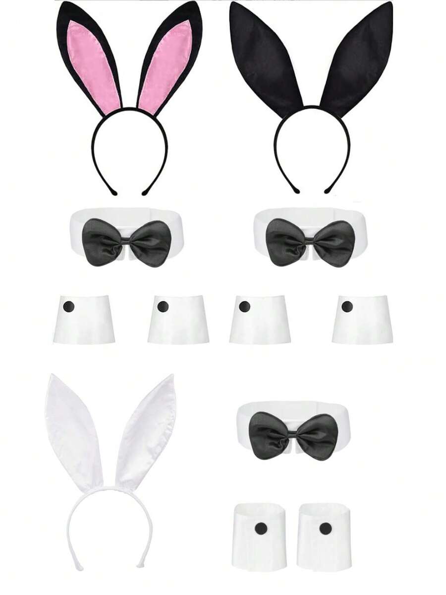 4件套复活节兔子服装套装，包括兔耳朵头箍、领结、袖套，派对舞会服装，女士头饰套装，适合节日、主题派对、化装舞会。 - 彩色 - 查看 1